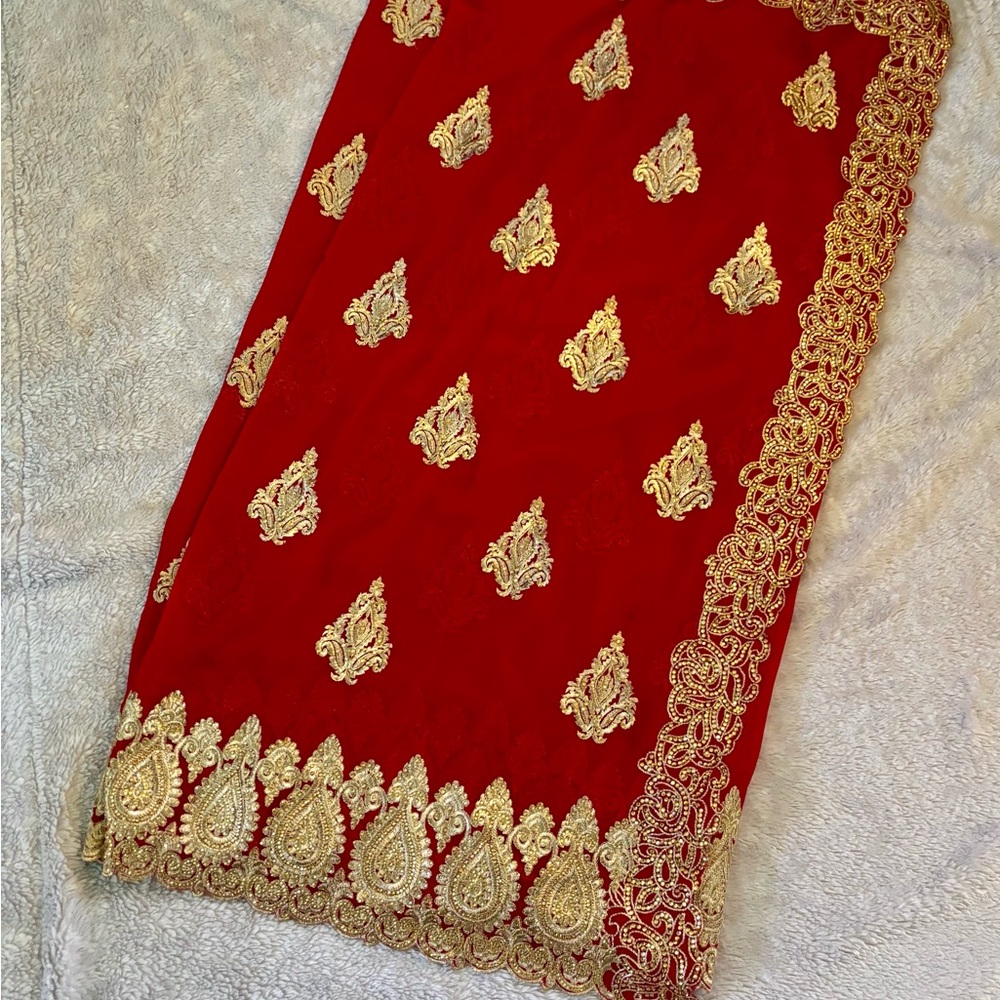 Beautiful red and gold silk chiffon saree with blouse